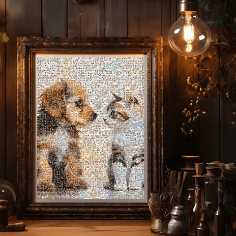 Framed photo mosaic of a dog and cat leaning against a wall