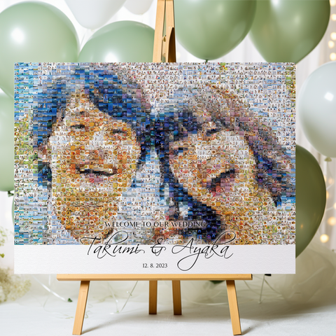 Wedding welcome board made of a couple's photo mosaic displayed on an easel