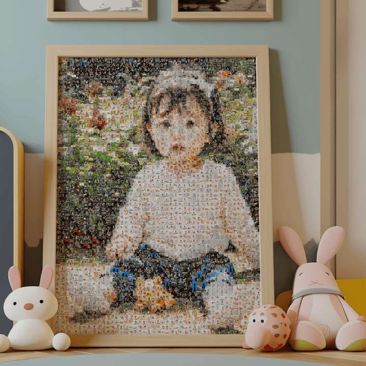 Framed child's photo mosaic leaning against a wall