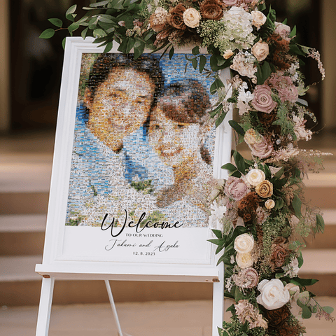 Wedding welcome board created with a couple's photo mosaic displayed on a signboard