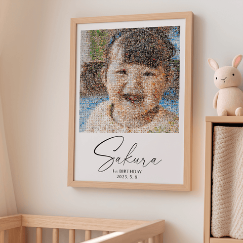 Framed photo mosaic of parents and child displayed on a wall