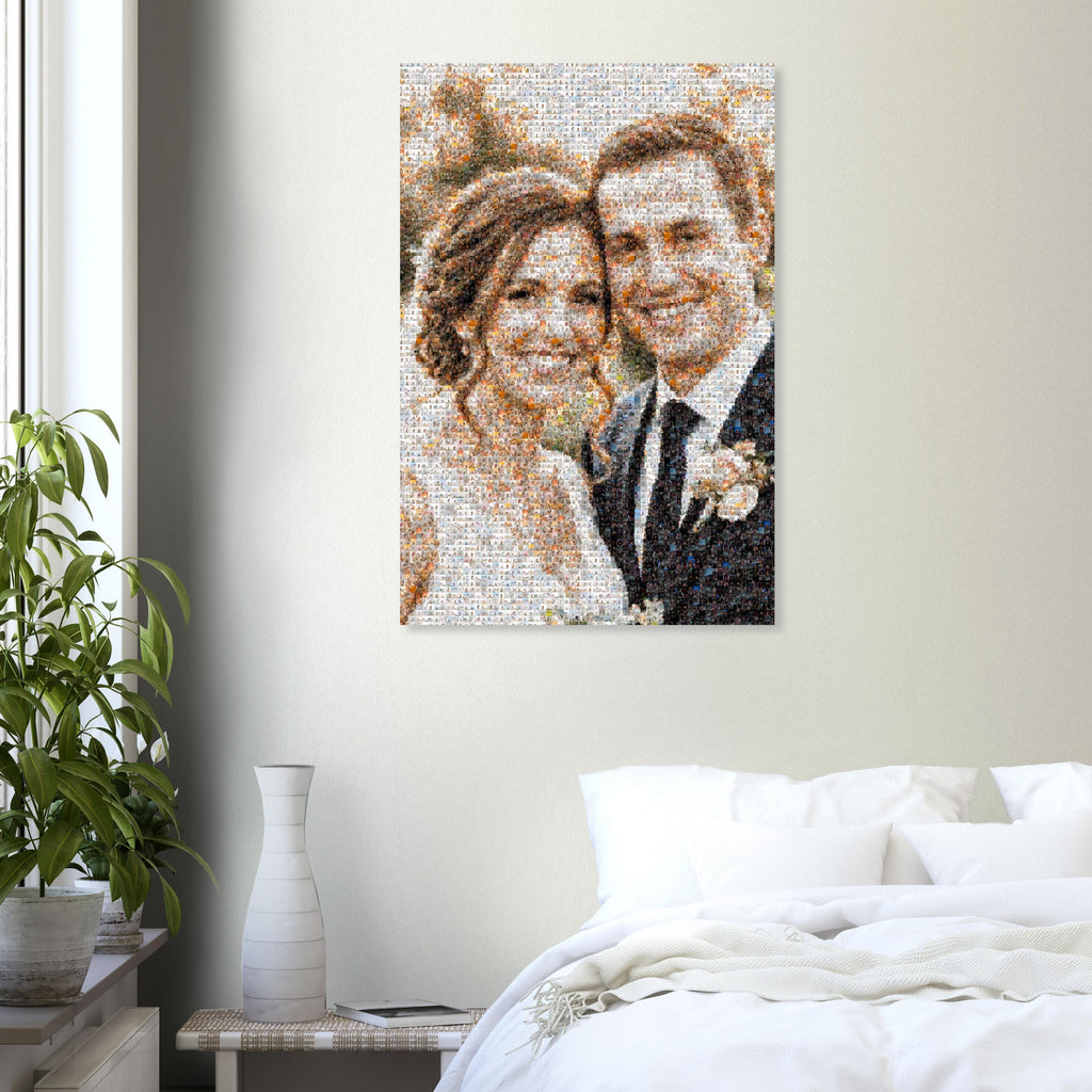 Wedding photo mosaic poster on a bedroom wall