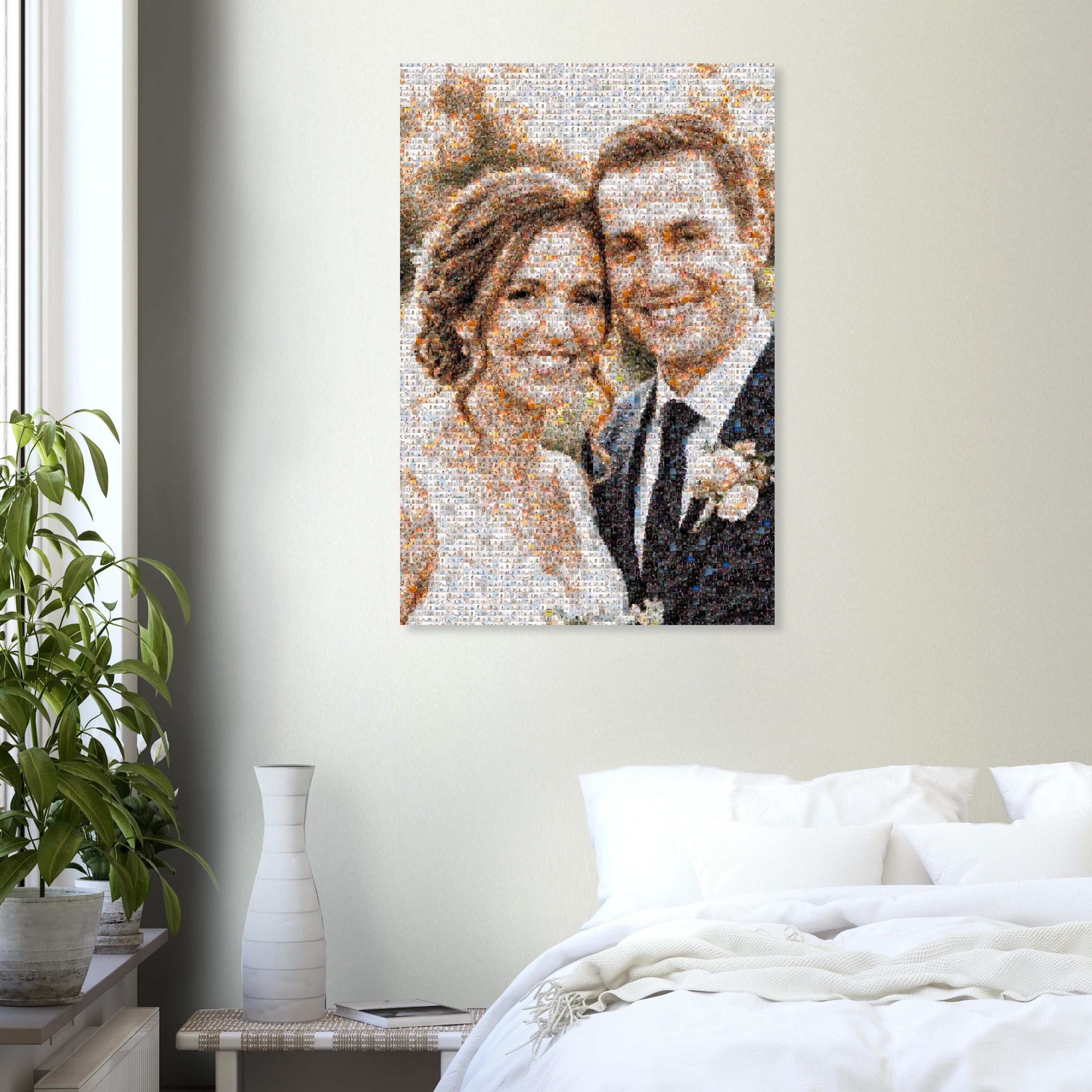 Wedding photo mosaic poster on a bedroom wall