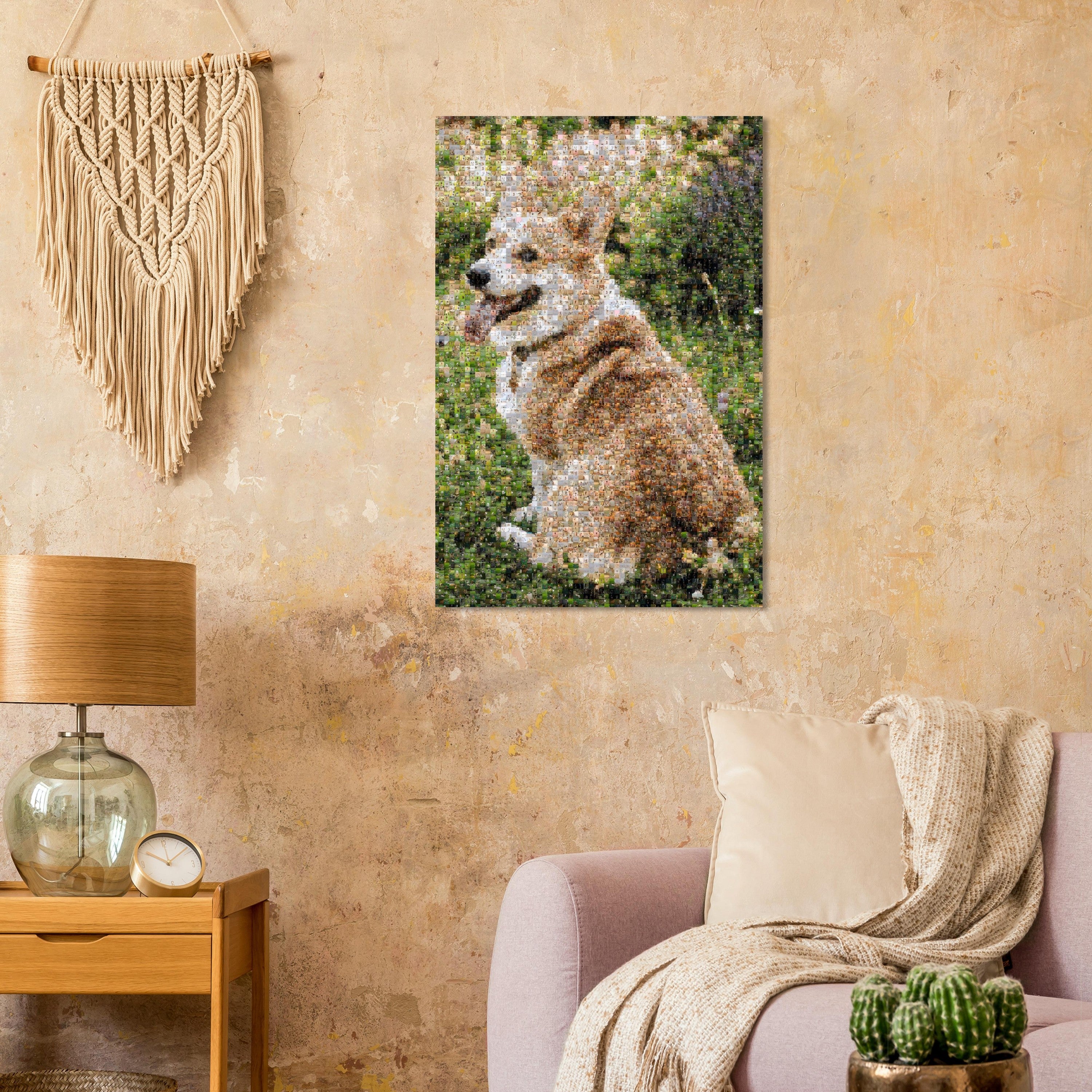 Custom photo mosaic poster displayed on a living-room wall