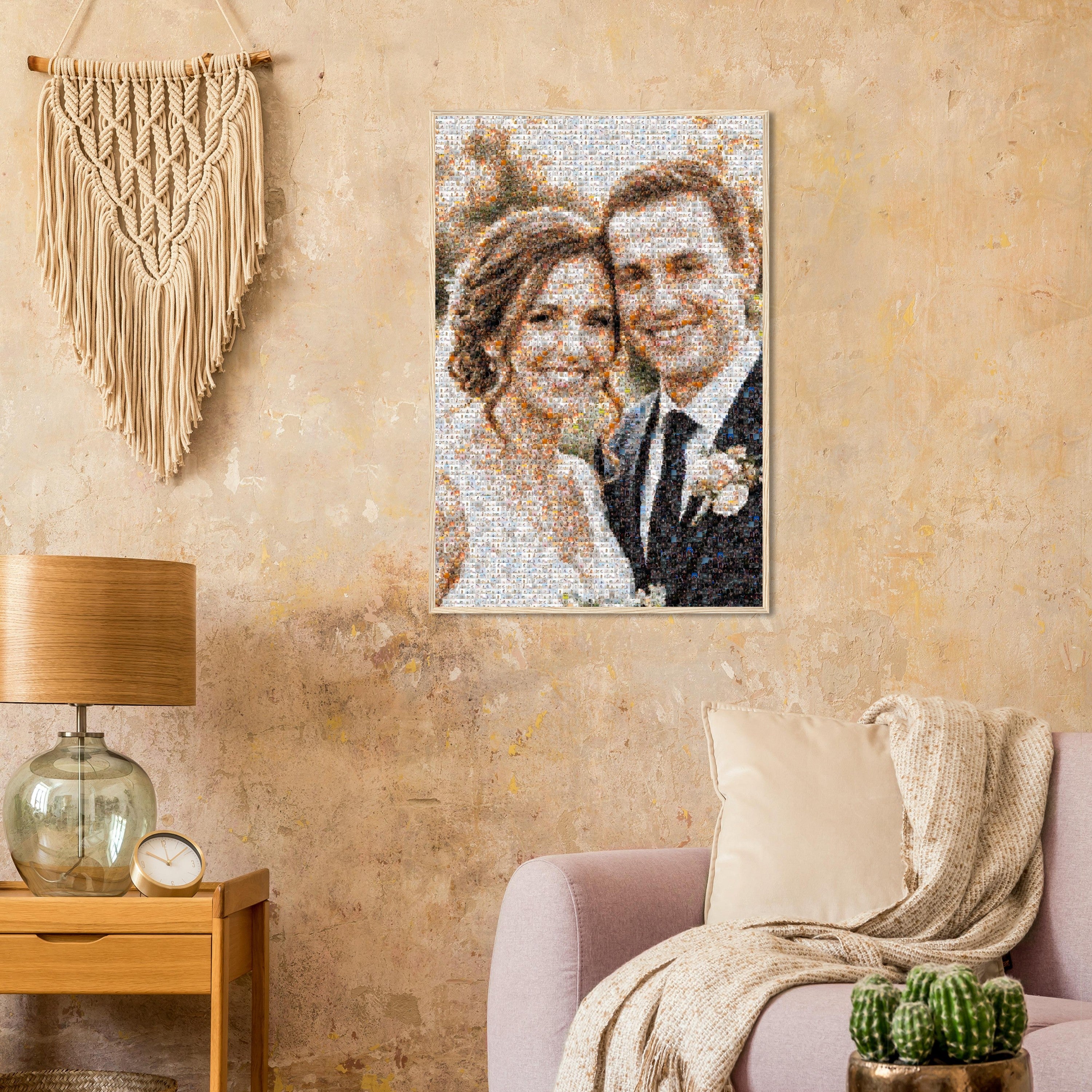 Framed photo mosaic on a living-room wall