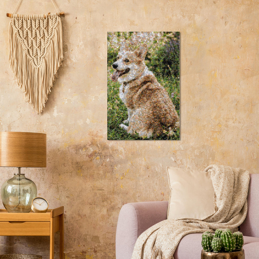 Custom photo mosaic canvas on a living-room wall