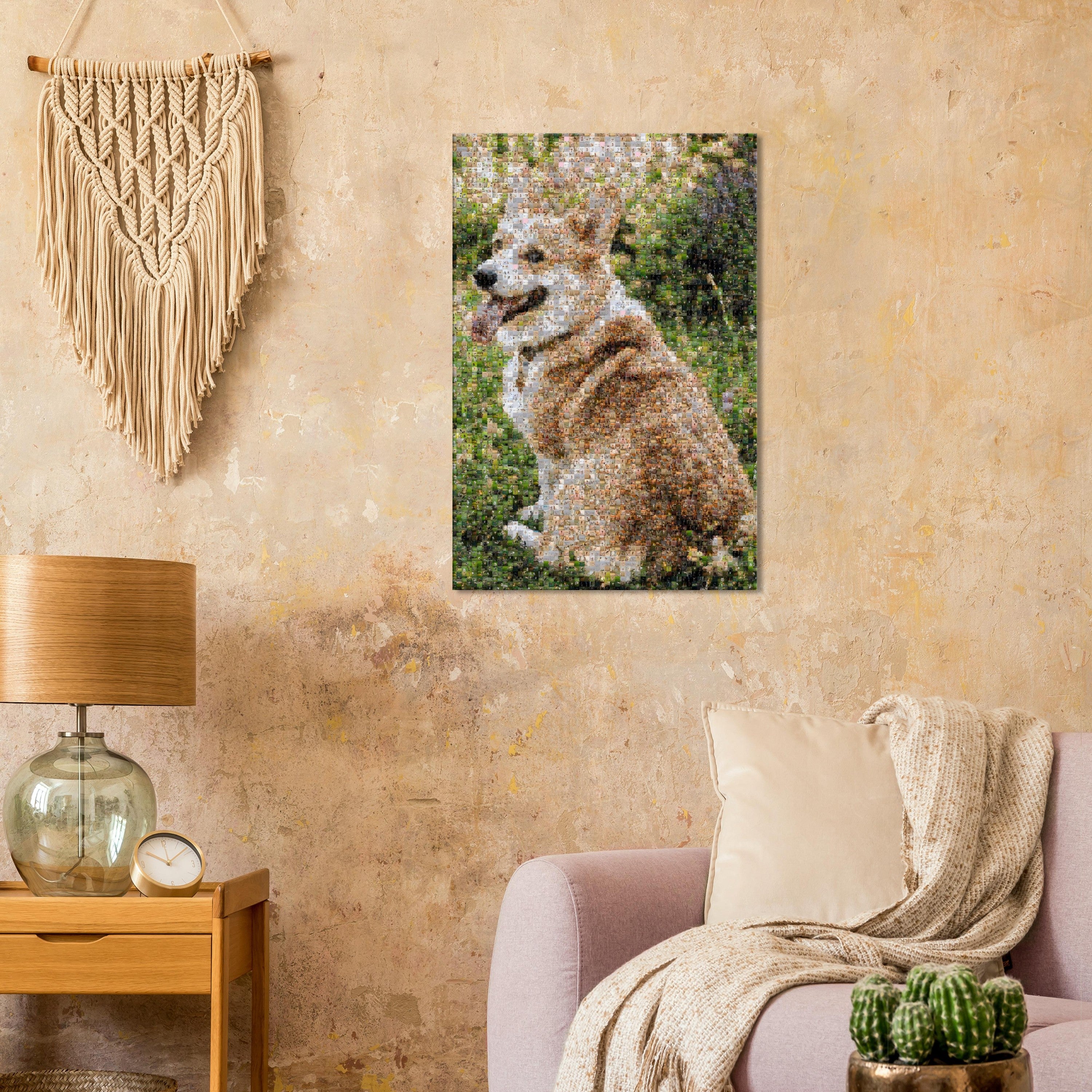 Custom photo mosaic canvas on a living-room wall