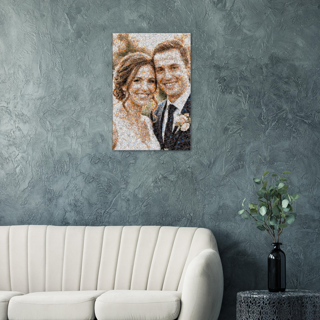 Wedding photo mosaic canvas displayed on a wall