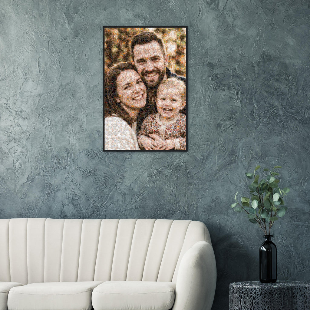 Framed family photo mosaic displayed on a wall