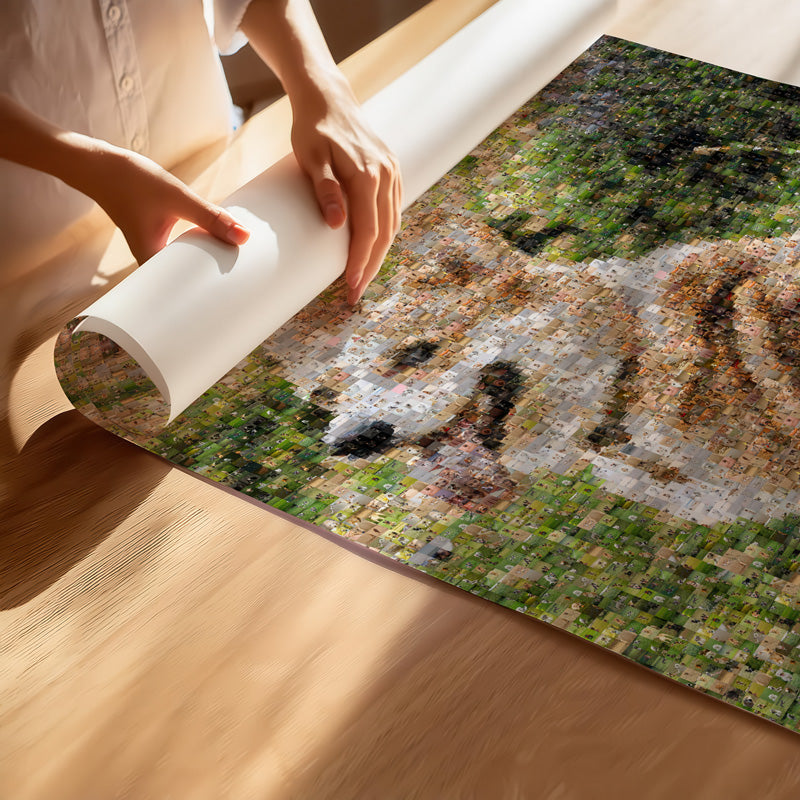 Corgi photomosaic poster being unrolled
