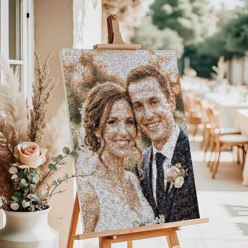 Wedding photomosaic on easel welcome board